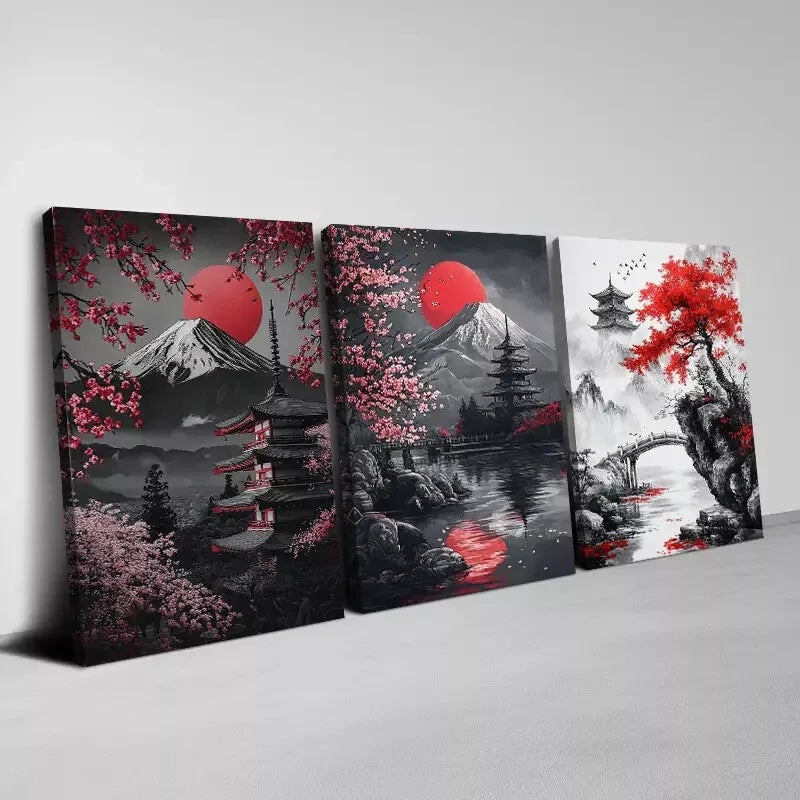 3pcs  Nature Scenes with Mount Fuji & red Florals  Art Set Canvas Framed 50x70cm -  High Quality Print 100% Australian Made Wall Canvas Ready to Hang