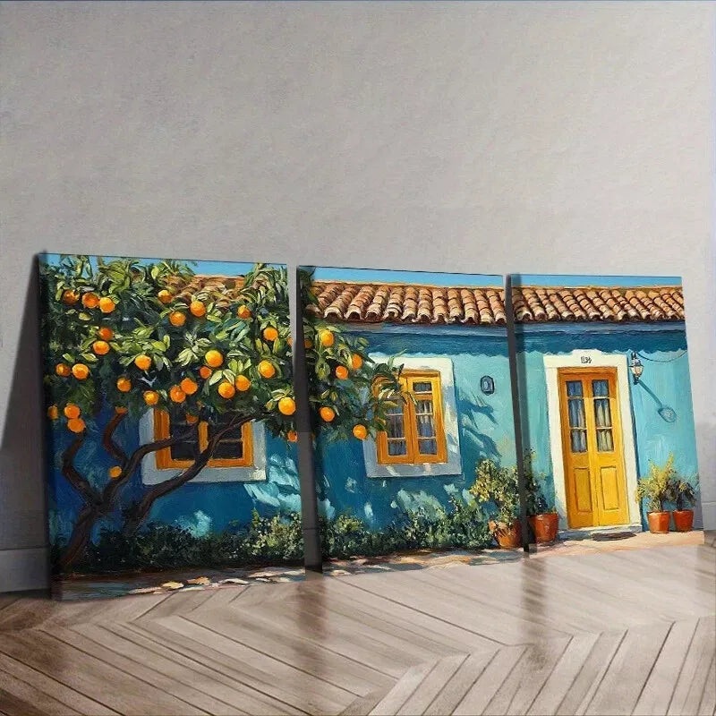 3pcs  Orange Tree In Front Of A Blue House  Wall Art Set Canvas Framed 50x70cm -  High Quality Print 100% Australian Made Wall Canvas Ready to Hang