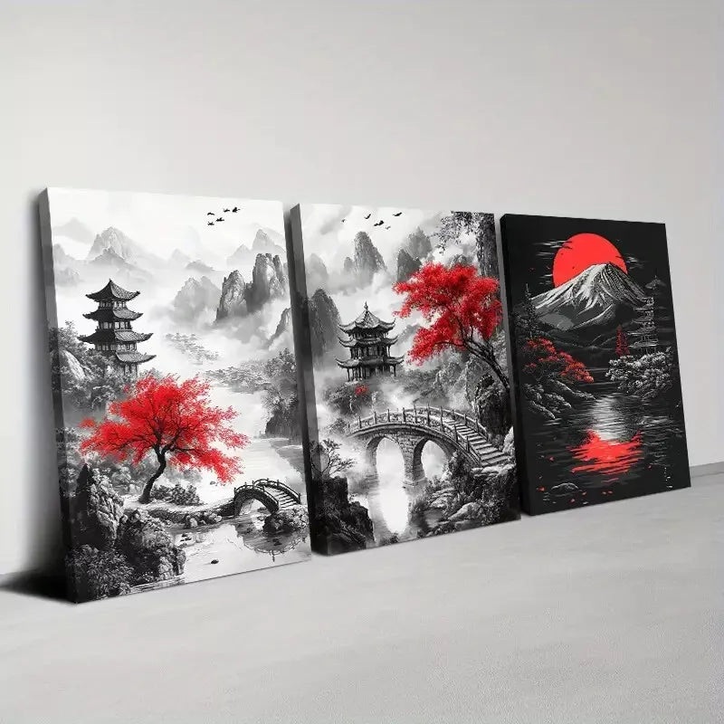 3pcs   Red Tree Bridge and Mountain Landscape Art Set Canvas Framed 50x70cm -  High Quality Print 100% Australian Made Wall Canvas Ready to Hang