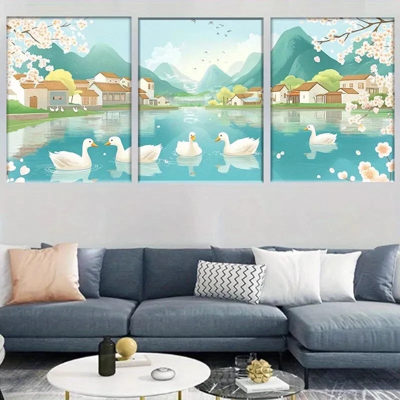 3pcs  Serene Ducks on Tranquil River Wall Art Set Canvas Framed 50x70cm -  High Quality Print 100% Australian Made Wall Canvas Ready to Hang