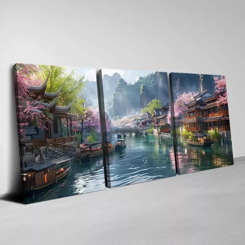 3pcs   Serene Japanese Town with Blooming Florals Art Set Canvas Framed 50x70cm -  High Quality Print 100% Australian Made Wall Canvas Ready to Hang