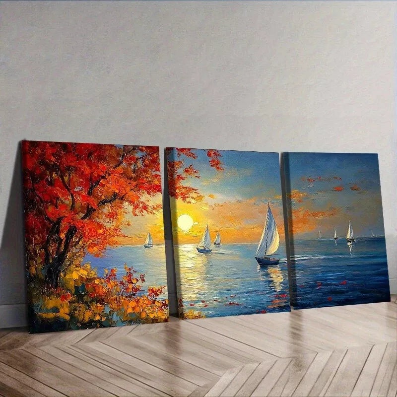 3pcs  Serene Sailboat Sunset Scene Vibrant Autumn Wall Art Set Canvas Framed 50x70cm -  High Quality Print 100% Australian Made Wall Canvas Ready to Hang