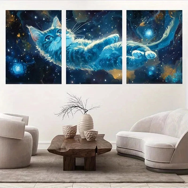 3pcs  Vibrant Blue Cosmic Cat Adventure Wall Art Set Canvas Framed 50x70cm -  High Quality Print 100% Australian Made Wall Canvas Ready to Hang