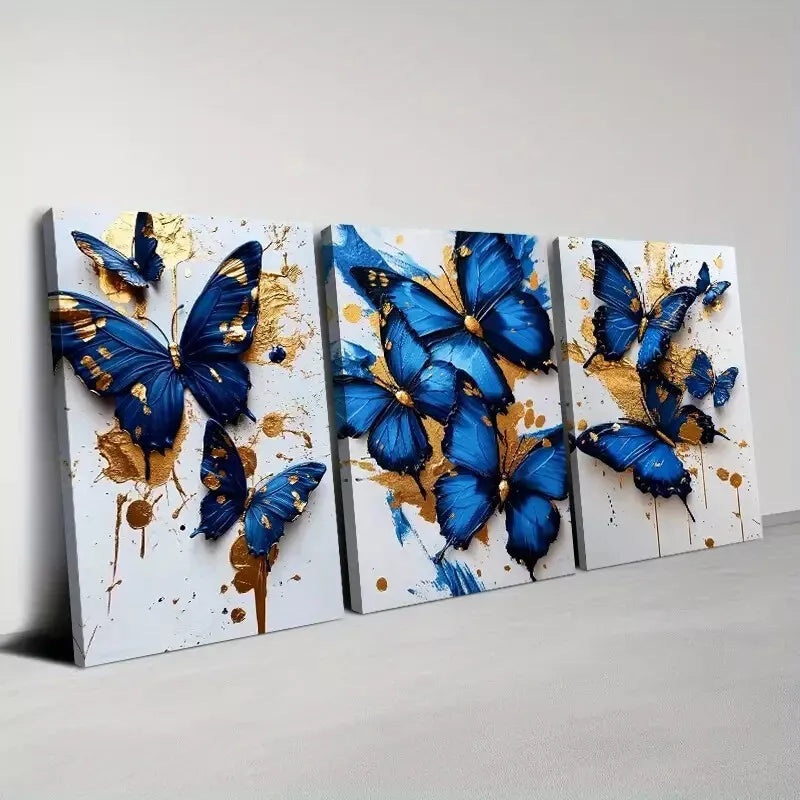 3pcs  Vintage Blue Butterfly Abstract Minimalist Wall Art Set Canvas Framed 50x70cm -  High Quality Print 100% Australian Made Wall Canvas Ready to Hang
