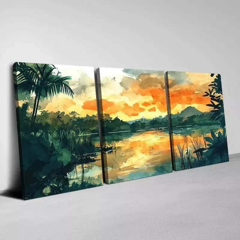 3pcs  Vivid Watercolor Lake Greenery Scenery View Art Set Canvas Framed 50x70cm -  High Quality Print 100% Australian Made Wall Canvas Ready to Hang