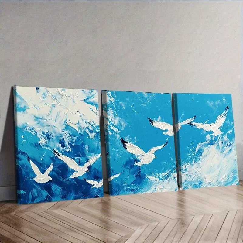 3pcs  White Seagulls Birds Nature Sky Wall Art Set Canvas Framed 50x70cm -  High Quality Print 100% Australian Made Wall Canvas Ready to Hang