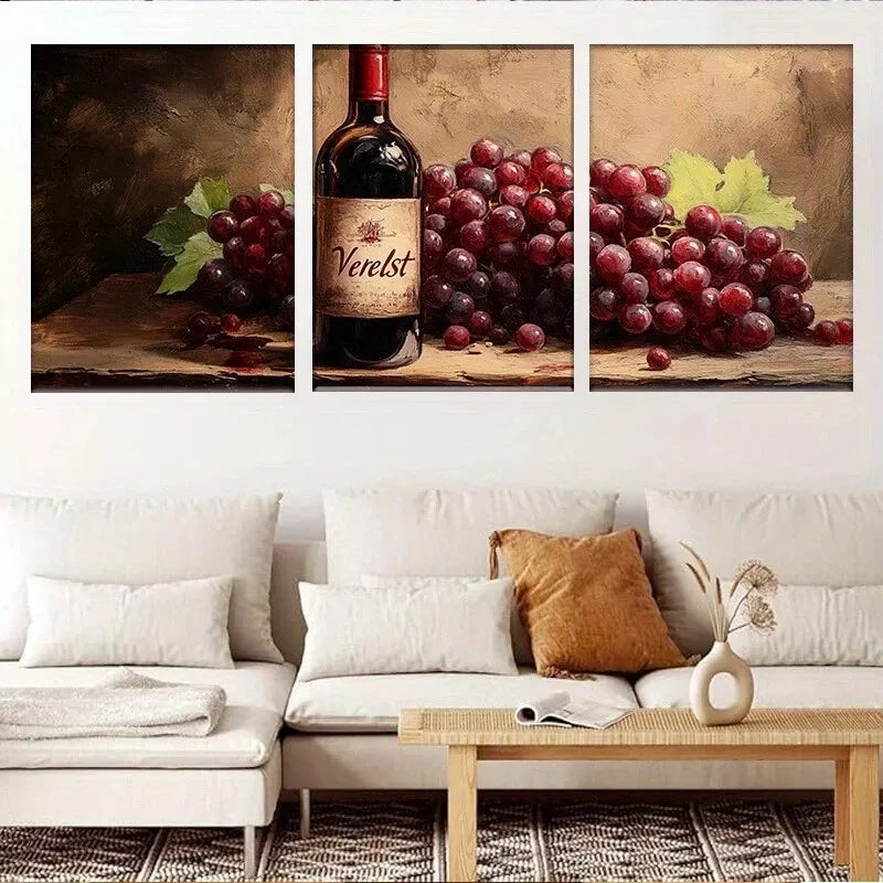 3pcs  Wine Bottle and Grapes Rustic Kitchen Wall Art Set Canvas Framed 50x70cm -  High Quality Print 100% Australian Made Wall Canvas Ready to Hang
