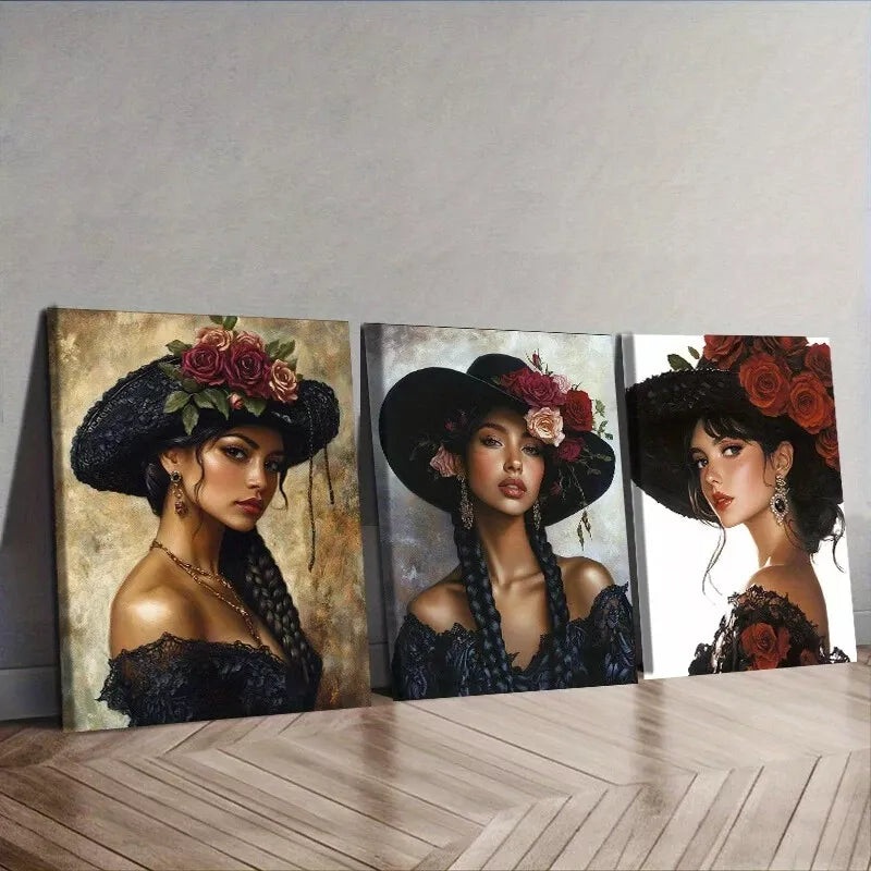 3pcs  A Stunning Woman Wearing A Black Sombrero Wall Art Set Canvas Framed 50x70cm -  High Quality Print 100% Australian Made Wall Canvas Ready to Hang