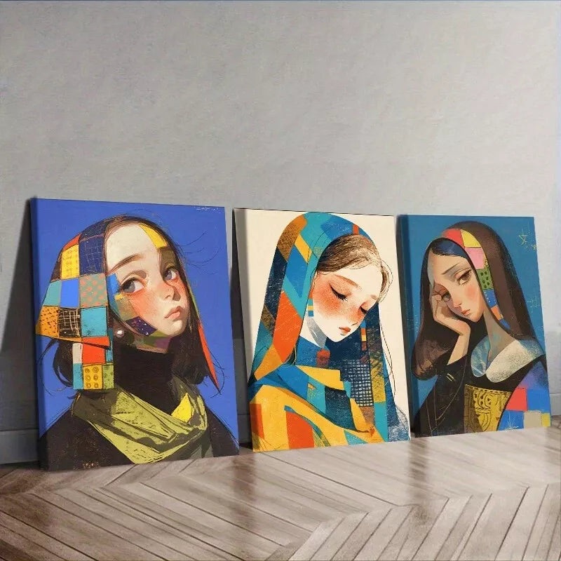 3pcs A Woman In Blue Background Colorful Wall Art Canvas Wall Art Set Canvas Framed 50x70cm -  High Quality Print 100% Australian Made Wall Canvas Ready to Hang