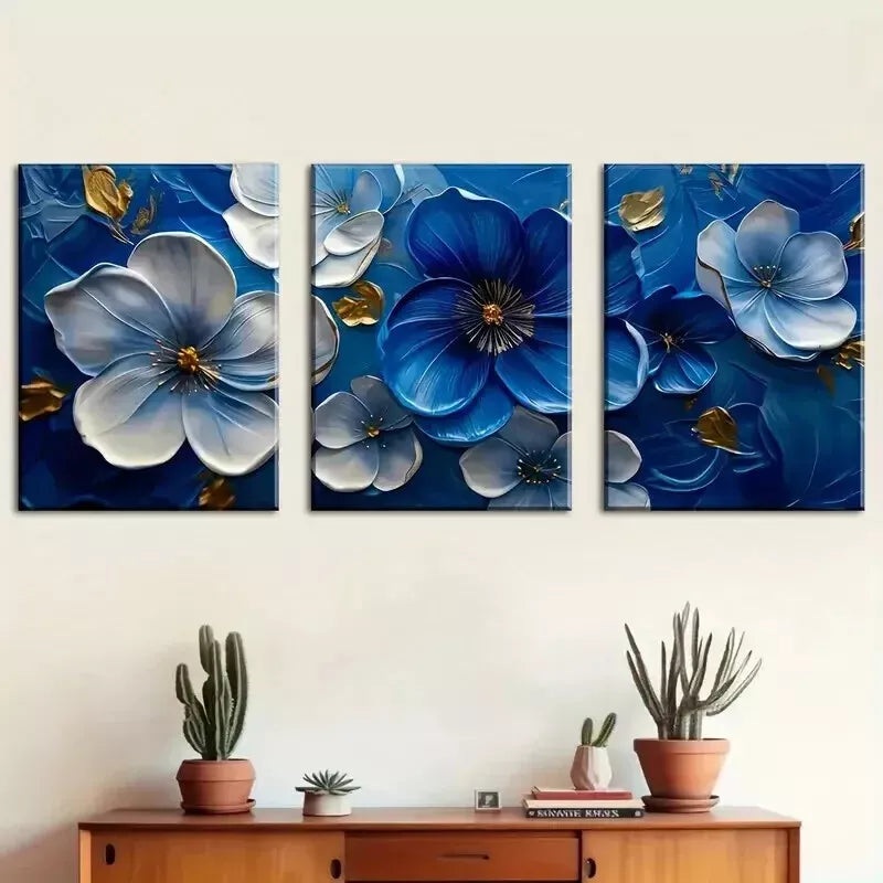 3pcs Abstract Blue and White Floral Wall Art Set Canvas Framed 50x70cm - High Quality Print 100% Australian Made Wall Canvas Ready to Hang