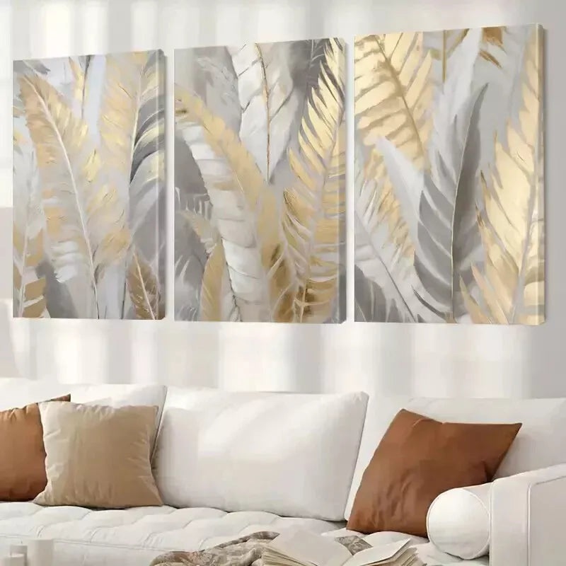 3pcs Abstract Golden Leaf Palm Wall Art Set Canvas Framed 50x70cm - High Quality Print 100% Australian Made Wall Canvas Ready to Hang