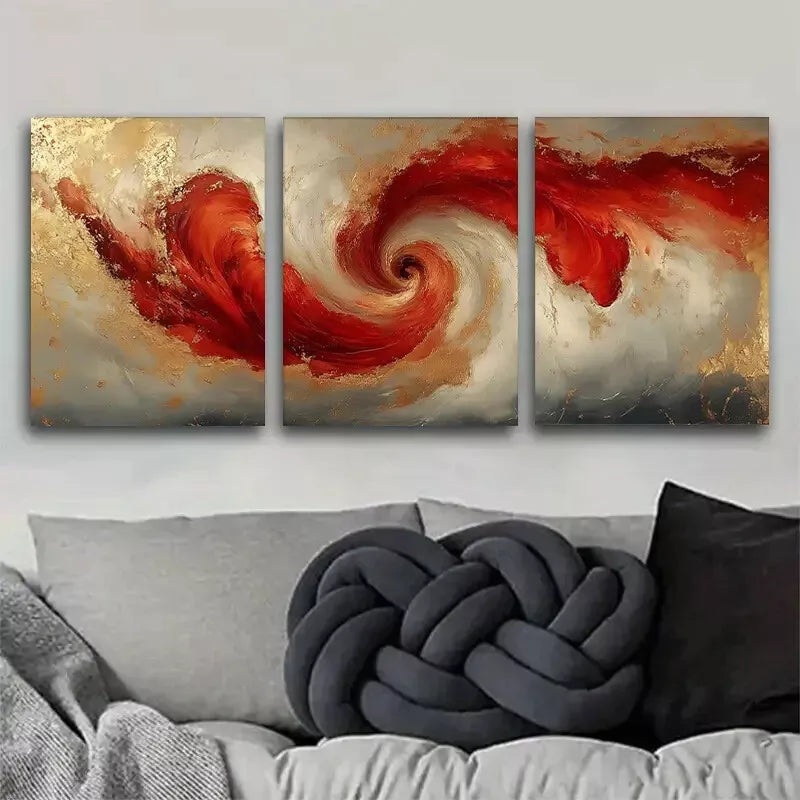 3pcs Abstract Modern Red Golden Swirling Flow Wall Art Set Canvas Framed 50x70cm -  High Quality Print 100% Australian Made Wall Canvas Ready to Hang