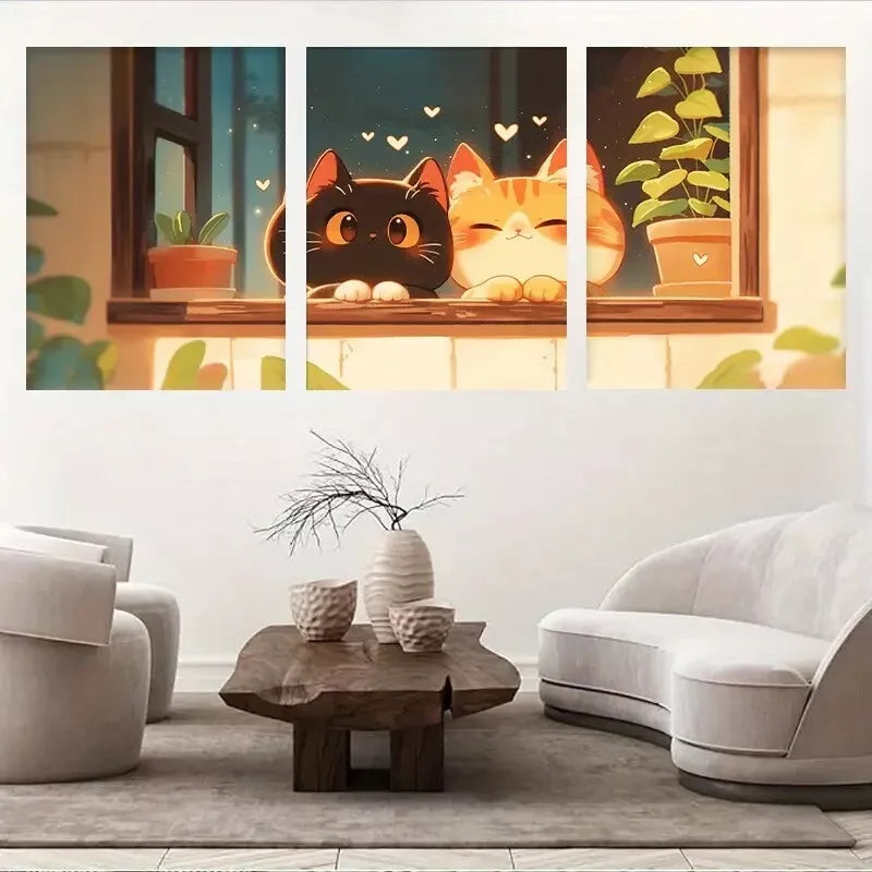 3pcs Adorable Black & Orange Cats with Heart Wall Art Set Canvas Framed 50x70cm -  High Quality Print 100% Australian Made Wall Canvas Ready to Hang