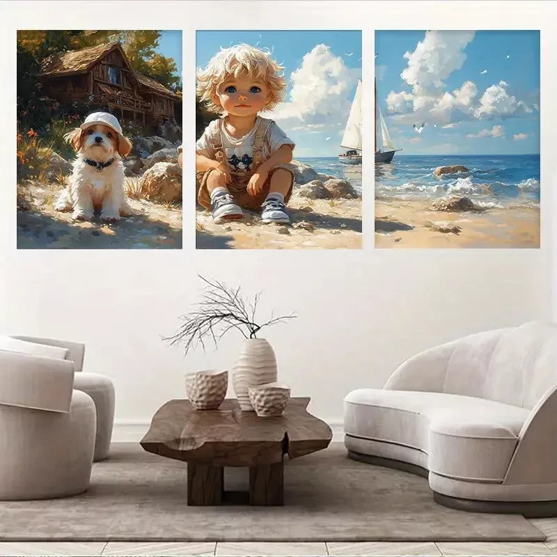 3pcs Adorable Figure with Dog Sailboat and Ocean Wall Art Set Canvas Framed 50x70cm -  High Quality Print 100% Australian Made Wall Canvas Ready to Hang
