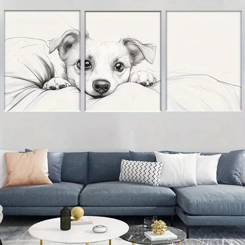 3pcs Adorable Puppy Black and White Sketch Wall Art Set Canvas Framed 50x70cm -  High Quality Print 100% Australian Made Wall Canvas Ready to Hang