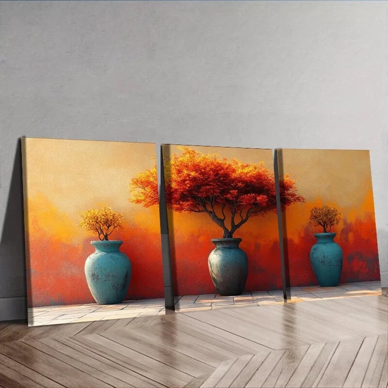 3pcs African Vases Nature Orange Leaves  Wall Art Set Canvas Framed 50x70cm -  High Quality Print 100% Australian Made Wall Canvas Ready to Hang