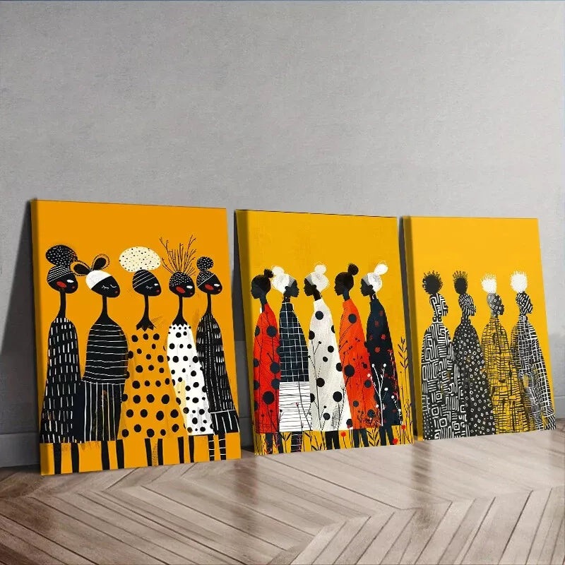 3pcs  African women Group Yellow Background Wall Art Canvas Wall Art Set Canvas Framed 50x70cm -  High Quality Print 100% Australian Made Wall Canvas Ready to Hang