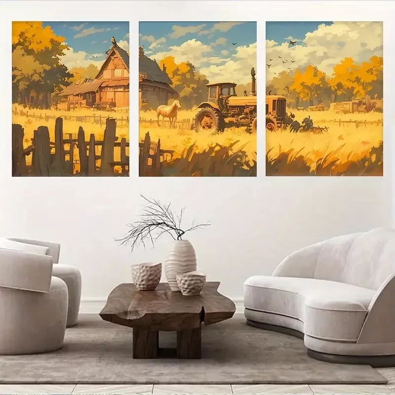 3pcs Autumn Farm Scenery with Tractor & Horse Wall Art Set Canvas Framed 50x70cm -  High Quality Print 100% Australian Made Wall Canvas Ready to Hang