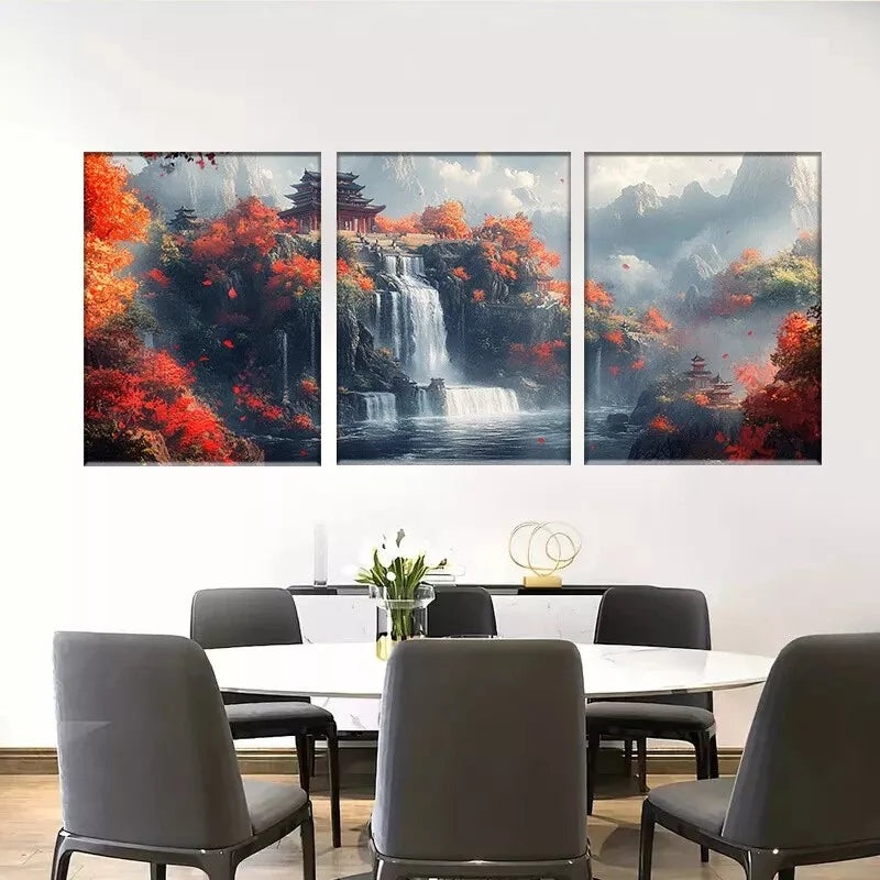 3pcs  Autumn Waterfall Chinese Landscape Wall Art Set Canvas Framed 50x70cm -  High Quality Print 100% Australian Made Wall Canvas Ready to Hang