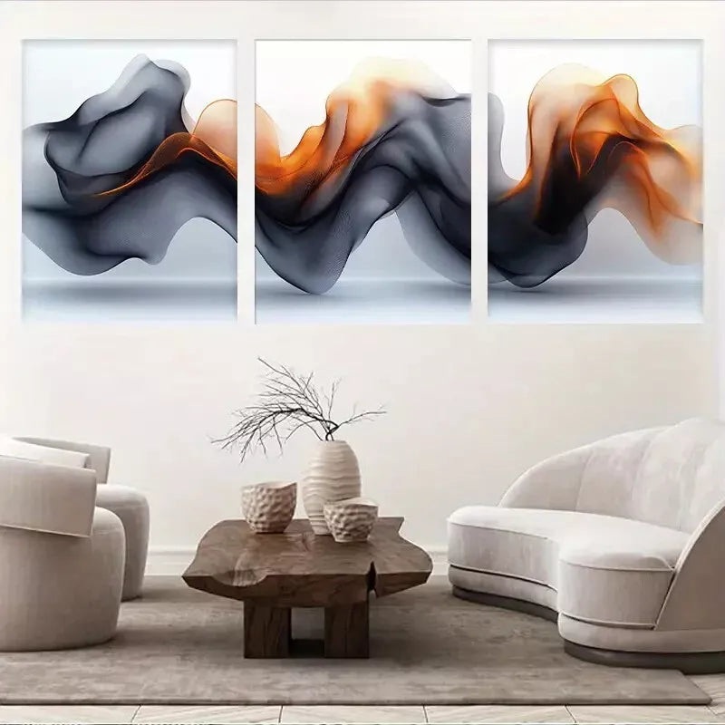 3pcs  Black Orange & Gray Swirling Fluid Abstract Wall Art Set Canvas Framed 50x70cm -  High Quality Print 100% Australian Made Wall Canvas Ready to Hang