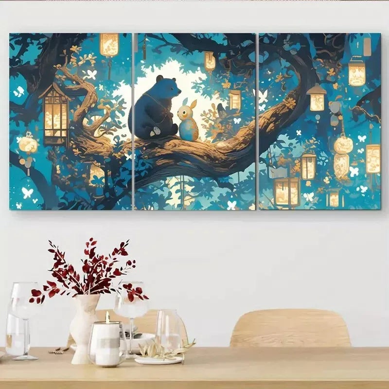 3pcs Blue and Golden Illustration Bear Lanterns Wall Art Set Canvas Framed 50x70cm -  High Quality Print 100% Australian Made Wall Canvas Ready to Hang