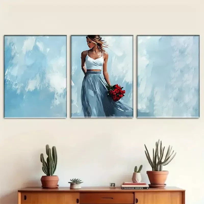 3pcs Blue Color Background Holding Red Rose Girl Wall Art Set Canvas Framed 50x70cm -  High Quality Print 100% Australian Made Wall Canvas Ready to Hang