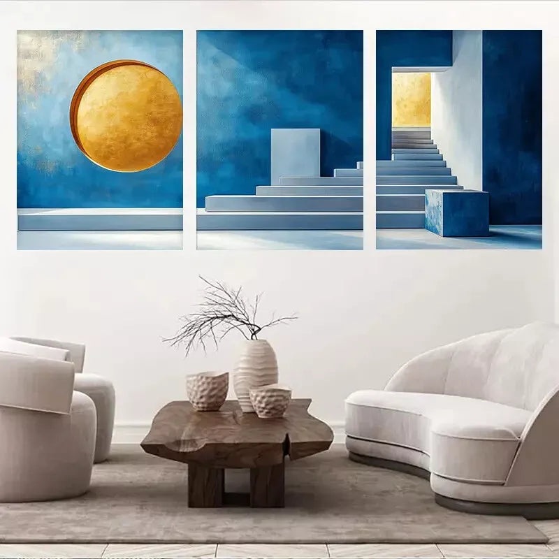 3pcs   Blue & Golden Abstract Space-Themed Decor  Wall Art Set Canvas Framed 50x70cm -  High Quality Print 100% Australian Made Wall Canvas Ready to Hang