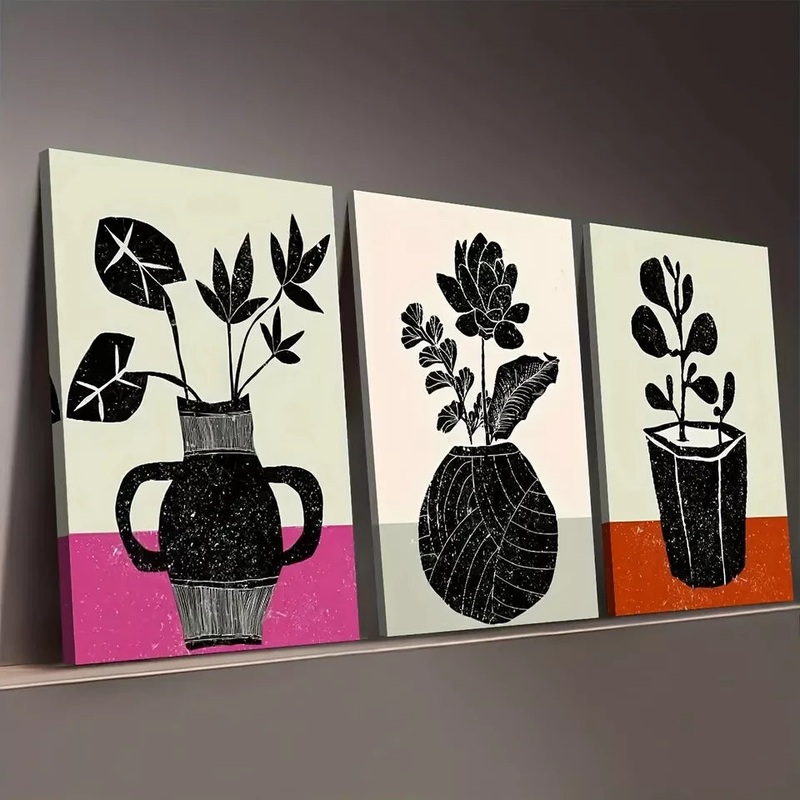 3pcs Bohemian Modern Abstract Flower Potted Wall Art Set Canvas Framed 50x70cm -  High Quality Print 100% Australian Made Wall Canvas Ready to Hang