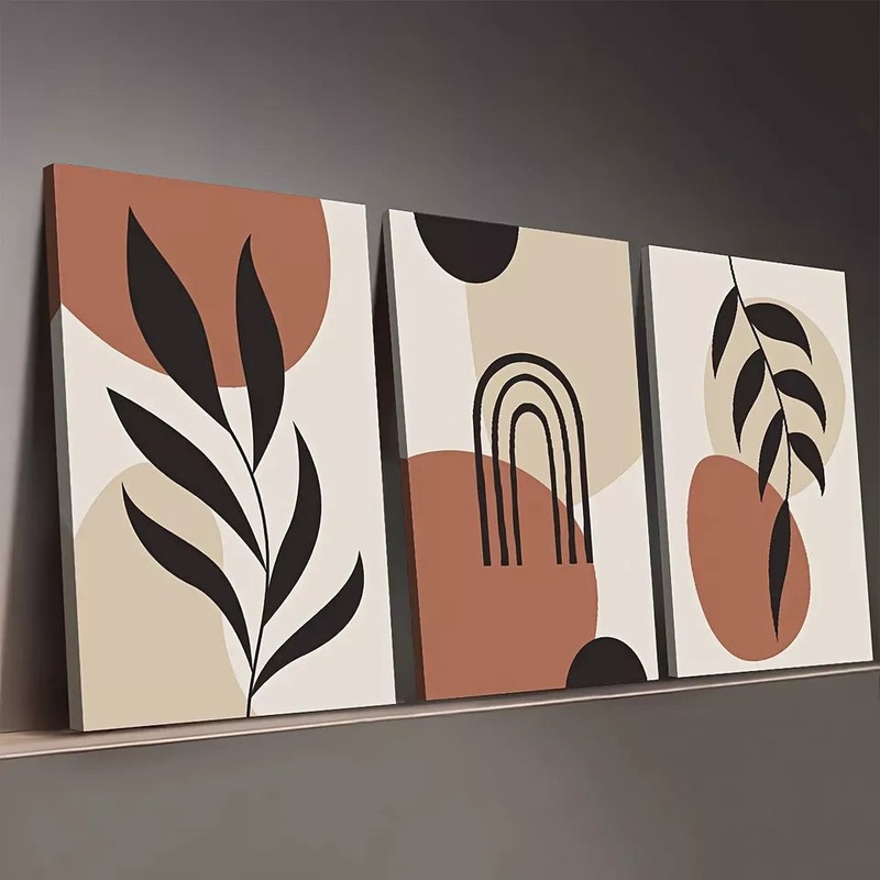 3pcs  Bohemian Modern Abstract Graphic Leaf Black Wall Art Set Canvas Framed 50x70cm -  High Quality Print 100% Australian Made Wall Canvas Ready to Hang