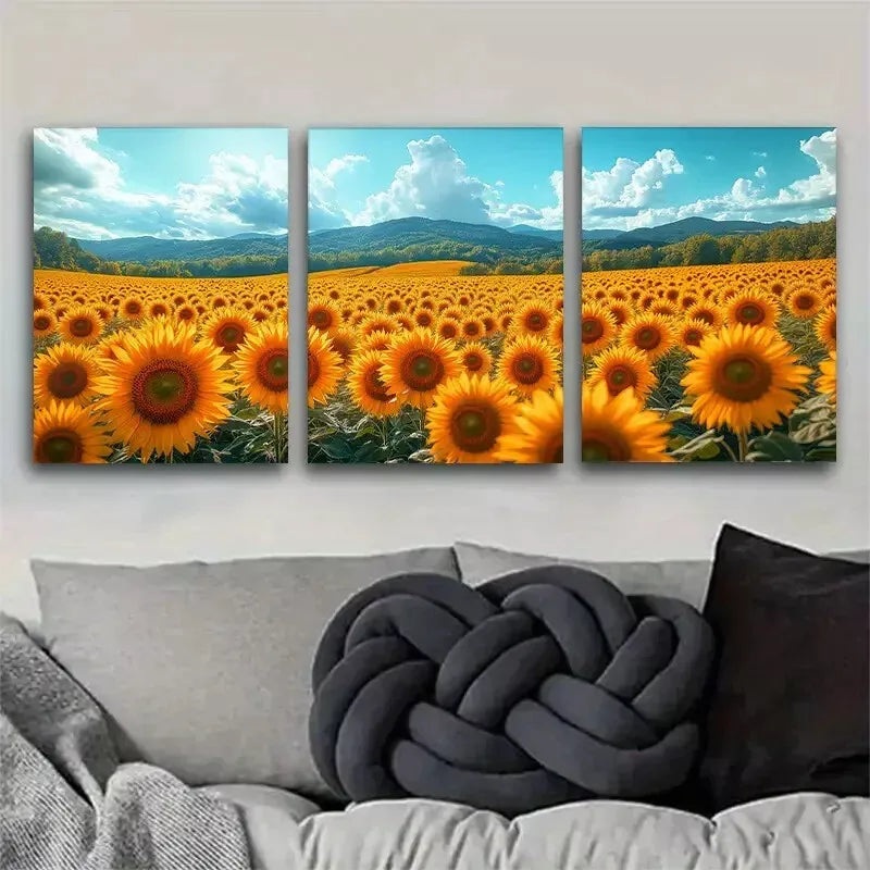 3pcs Bright Sunflower Field with Sky & Mountain Wall Art Set Canvas Framed 50x70cm -  High Quality Print 100% Australian Made Wall Canvas Ready to Hang