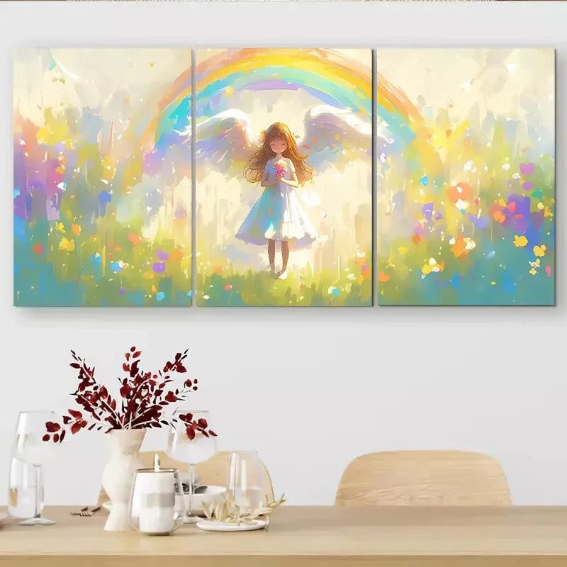 3pcs Colorful Sweet Winged Girl and Rainbow  Wall Art Set Canvas Framed 50x70cm -  High Quality Print 100% Australian Made Wall Canvas Ready to Hang
