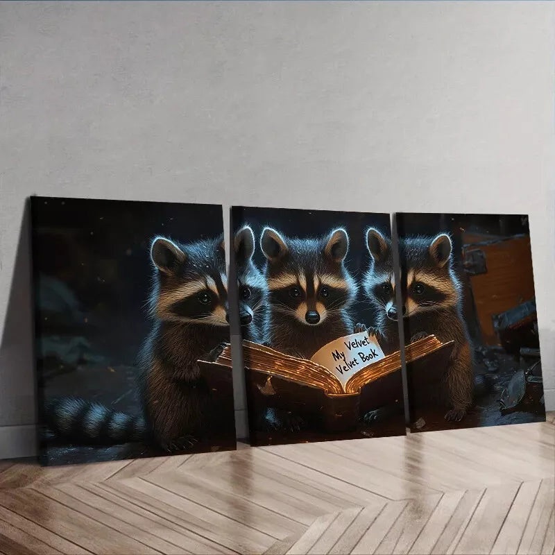 3pcs Contemporary Raccoons Reading Cute Wall Art Set Canvas Framed 50x70cm -  High Quality Print 100% Australian Made Wall Canvas Ready to Hang