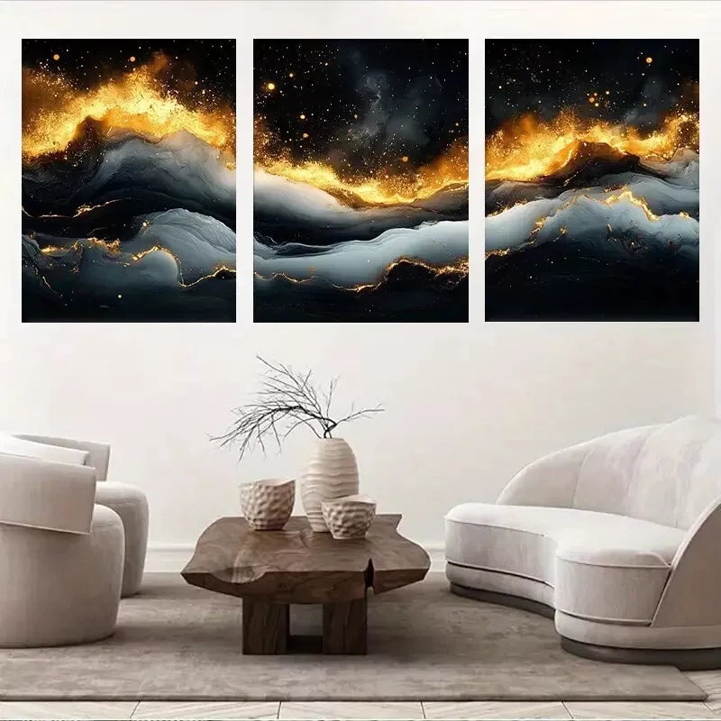3pcs Cosmic Fantasy Golden Lava Flowing Dark Wall Art Set Canvas Framed 50x70cm -  High Quality Print 100% Australian Made Wall Canvas Ready to Hang