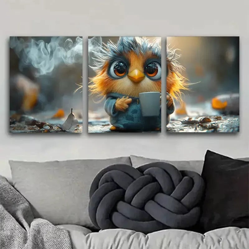 3pcs  Cute and Playful Little Bird Holding Cup Wall Art Set Canvas Framed 50x70cm -  High Quality Print 100% Australian Made Wall Canvas Ready to Hang