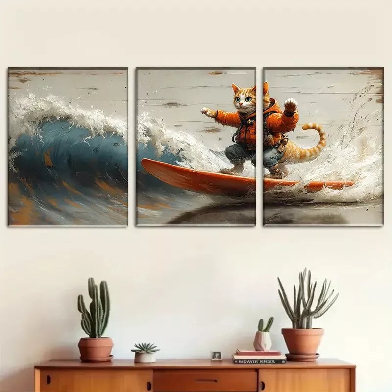 3pcs Cute Cartoon Style Orange Cat Surfing Wall Art Set Canvas Framed 50x70cm -  High Quality Print 100% Australian Made Wall Canvas Ready to Hang