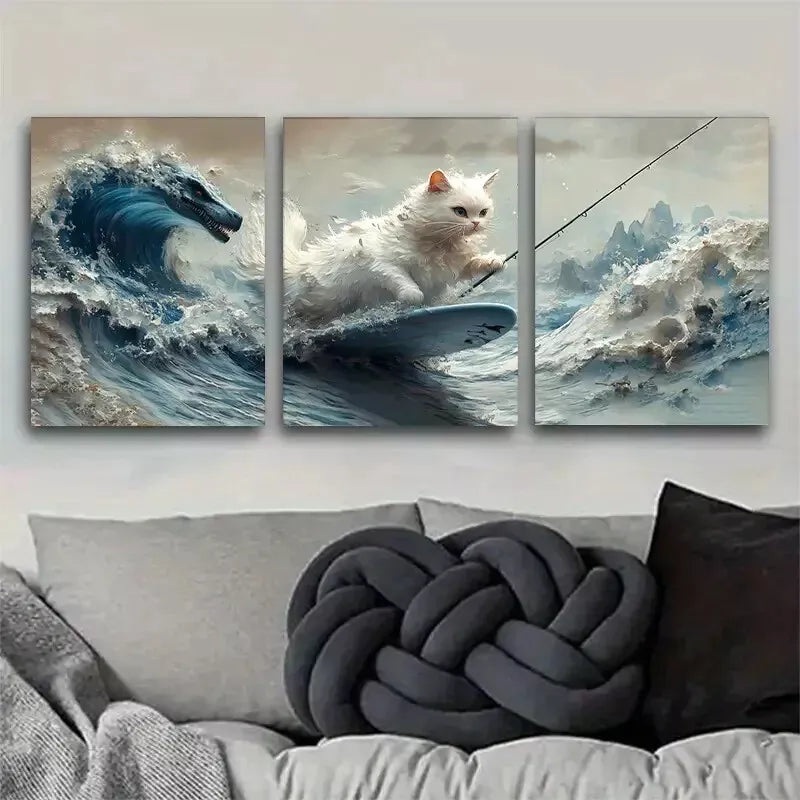 3pcs Cute Cat the Waves Fantasy Sea Monsters Wall Art Set Canvas Framed 50x70cm -  High Quality Print 100% Australian Made Wall Canvas Ready to Hang