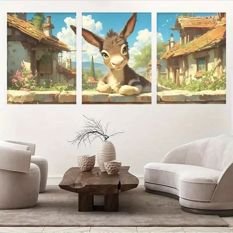 3pcs Cute Donkey Village with Pink Flowers & Sky  Wall Art Set Canvas Framed 50x70cm -  High Quality Print 100% Australian Made Wall Canvas Ready to Hang