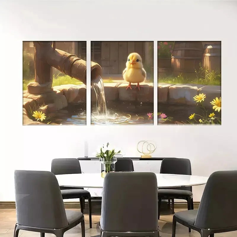 3pcs Cute little yellow chicken flowing water  Wall Art Set Canvas Framed 50x70cm -  High Quality Print 100% Australian Made Wall Canvas Ready to Hang