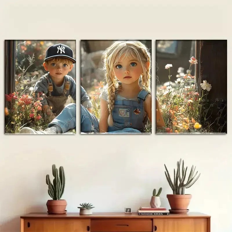 3pcs Cute moment childlike wonder in the flowers  Wall Art Set Canvas Framed 50x70cm -  High Quality Print 100% Australian Made Wall Canvas Ready to Hang