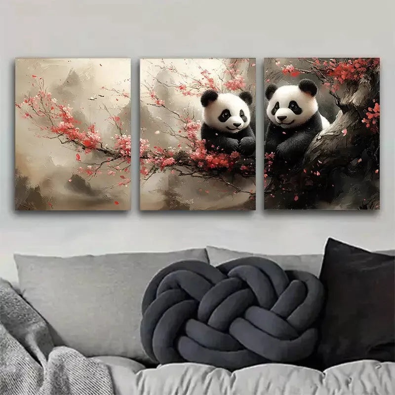 3pcs Cute Panda Pink Floral on Branch Wall Art Set Canvas Framed 50x70cm -  High Quality Print 100% Australian Made Wall Canvas Ready to Hang