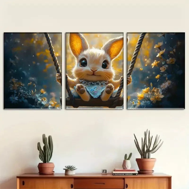 3pcs Cute Rabbit Swing Dreamy Flowers Wall Art Set Canvas Framed 50x70cm -  High Quality Print 100% Australian Made Wall Canvas Ready to Hang
