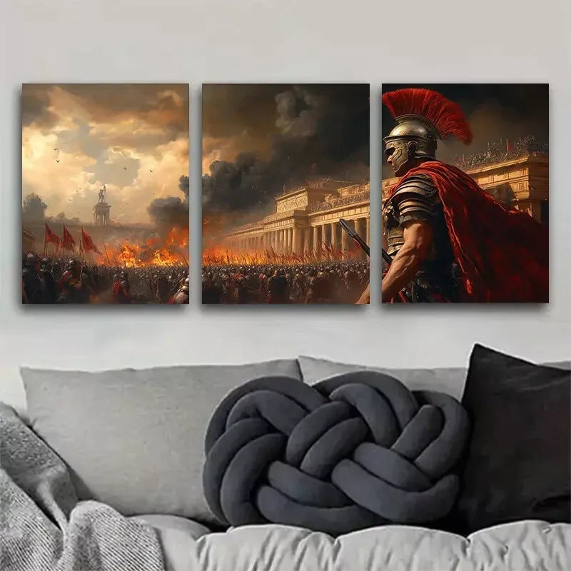 3pcs Dramatic War Scene Fiery Skies & Gladiator Wall Art Set Canvas Framed 50x70cm -  High Quality Print 100% Australian Made Wall Canvas Ready to Hang
