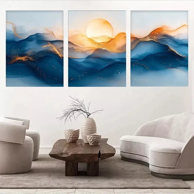 3pcs  Dreamy Blue & Golden Mountain Landscape Wall Art Set Canvas Framed 50x70cm -  High Quality Print 100% Australian Made Wall Canvas Ready to Hang