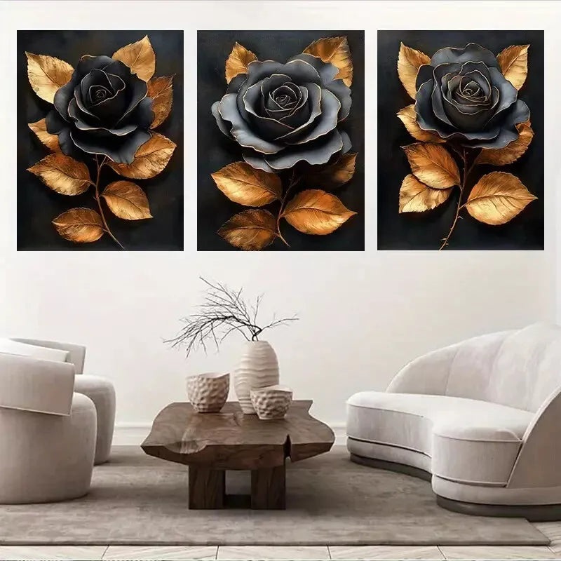 3pcs  Elegant Black & Golden Rose with Leaves Wall Art Set Canvas Framed 50x70cm -  High Quality Print 100% Australian Made Wall Canvas Ready to Hang