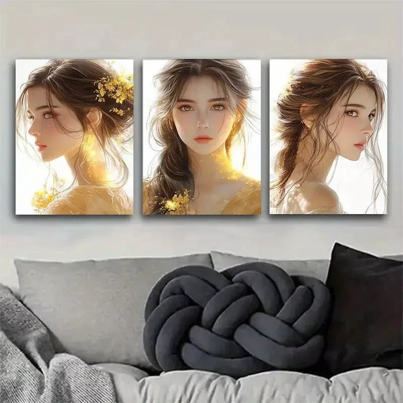 3pcs Elegant Girl Portraits with Golden Florals Wall Art Set Canvas Framed 50x70cm -  High Quality Print 100% Australian Made Wall Canvas Ready to Hang