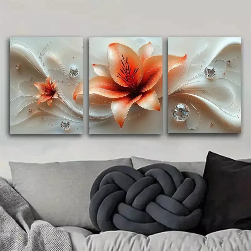 3pcs Elegant Orange Lilies with Sparkling Accent Wall Art Set Canvas Framed 50x70cm -  High Quality Print 100% Australian Made Wall Canvas Ready to Hang