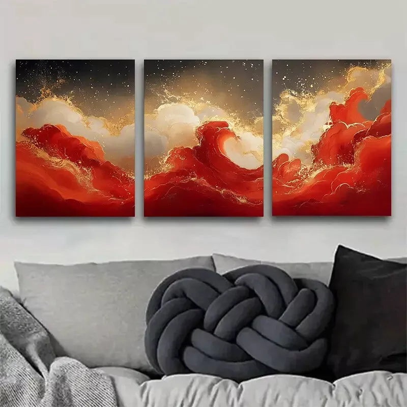 3pcs Fantasy Red Golden Wave Portrait Wall Art Set Canvas Framed 50x70cm -  High Quality Print 100% Australian Made Wall Canvas Ready to Hang