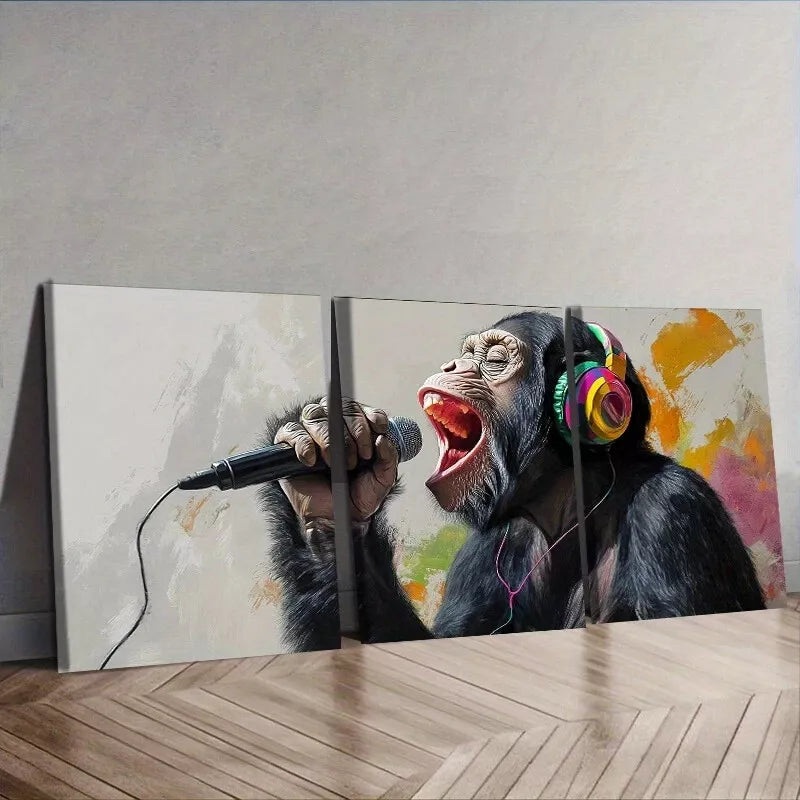 3pcs Featuring A Chimpanzee Holding A Mic Wall Art Set Canvas Framed 50x70cm -  High Quality Print 100% Australian Made Wall Canvas Ready to Hang