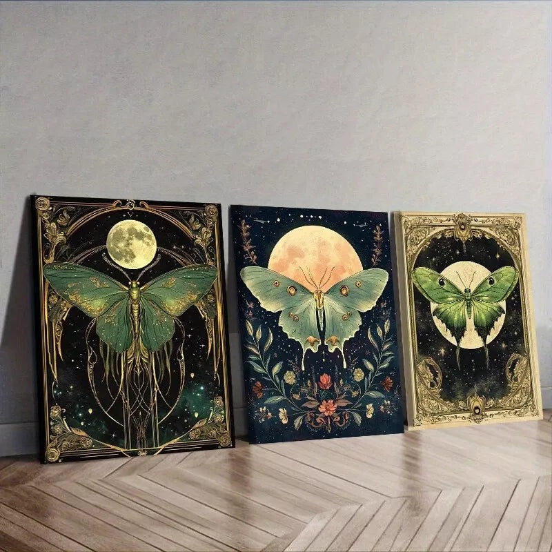 3pcs  Featuring A Green Luna Moth Nature Wall Art Set Canvas Framed 50x70cm -  High Quality Print 100% Australian Made Wall Canvas Ready to Hang