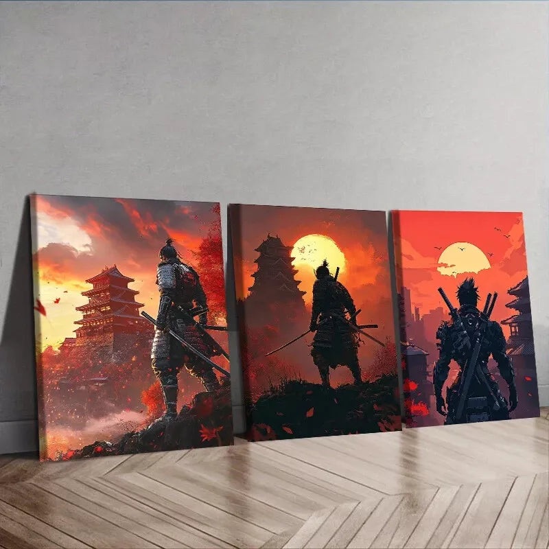 3pcs Featuring A Samurai With A Katana Sun  Wall Art Set Canvas Framed 50x70cm -  High Quality Print 100% Australian Made Wall Canvas Ready to Hang